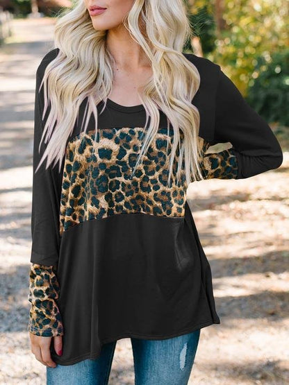 Round neck leopard print long-sleeved T-shirt - LuckyFash™