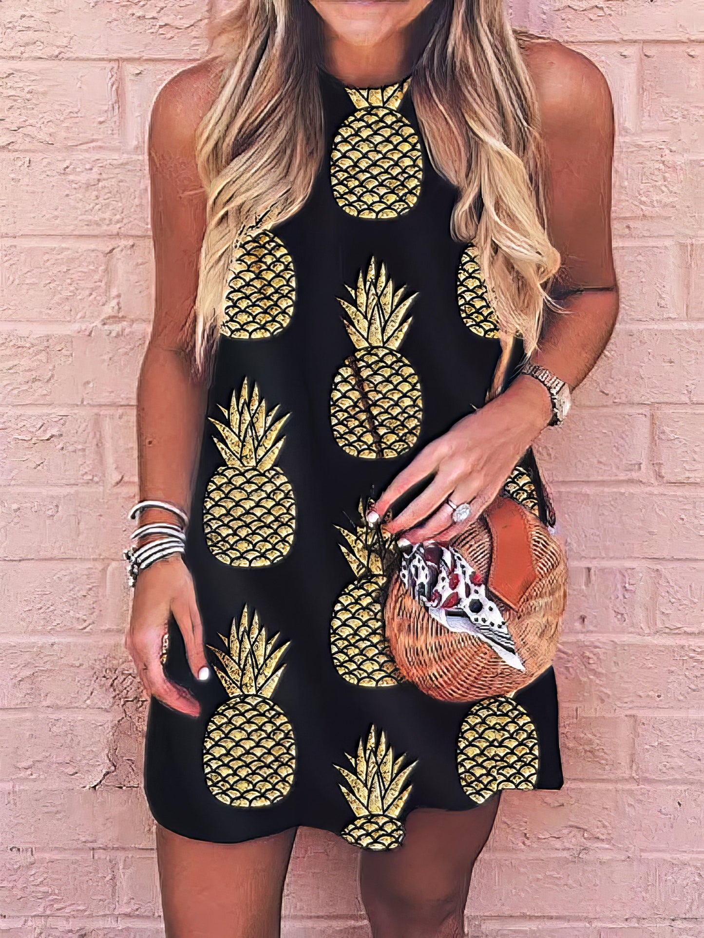 Mini Dresses - Round Neck Pineapple Print Suspender Dress - MsDressly