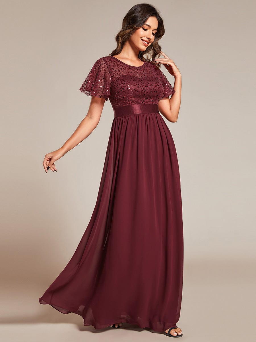 Round-Neck Sequin Chiffon High Waist Formal Evening Dress With Short Sleeves