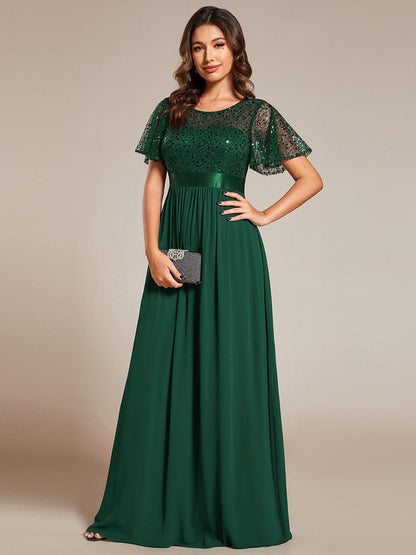 Round-Neck Sequin Chiffon High Waist Formal Evening Dress With Short Sleeves