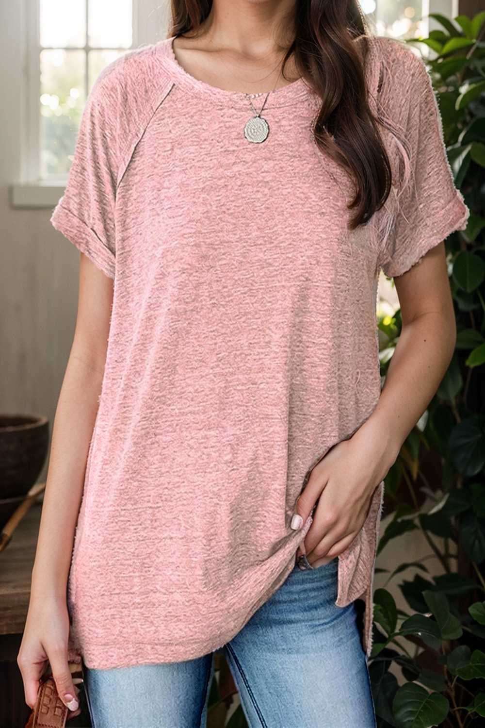 round neck solid loose short sleeve t shirt 101490