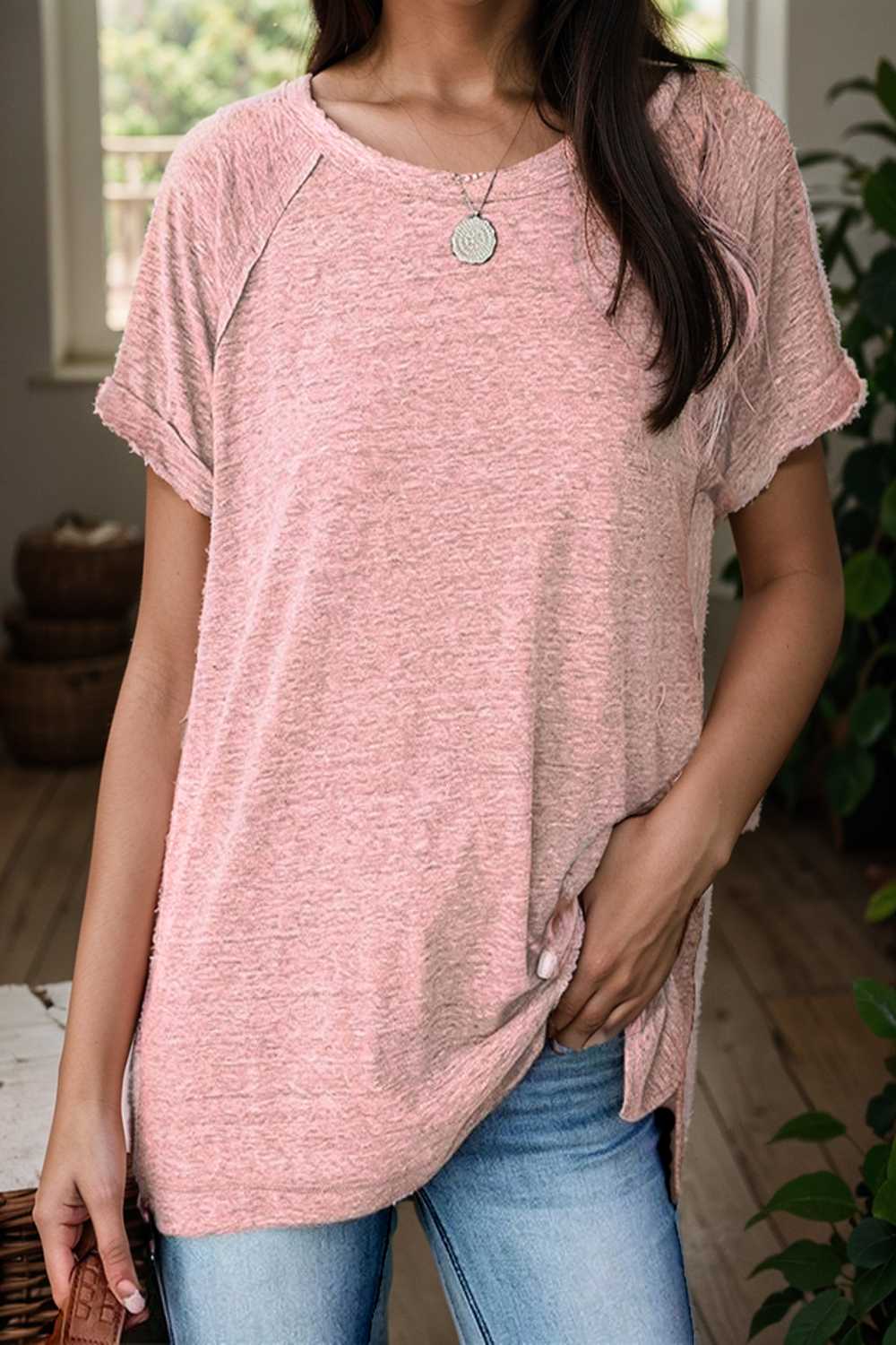 round neck solid loose short sleeve t shirt 101489