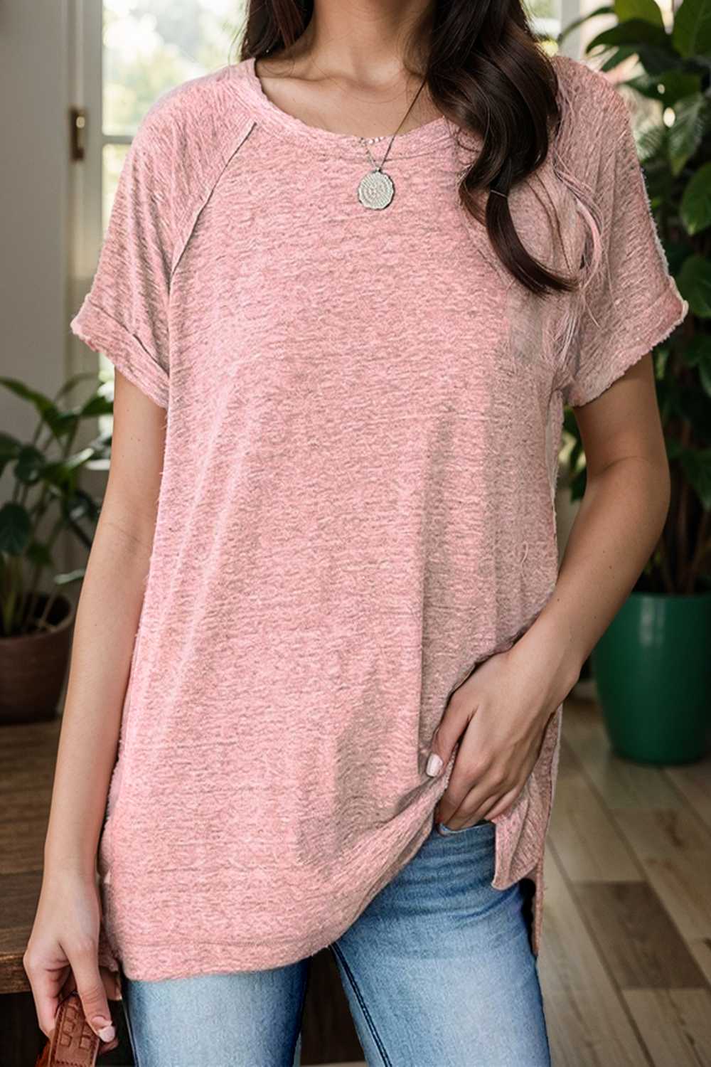 round neck solid loose short sleeve t shirt 101488