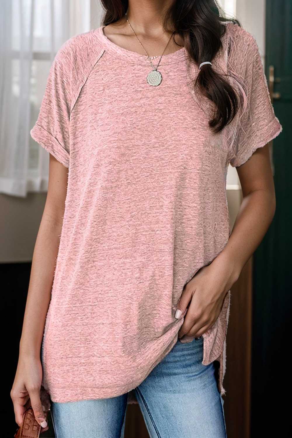 round neck solid loose short sleeve t shirt 101486