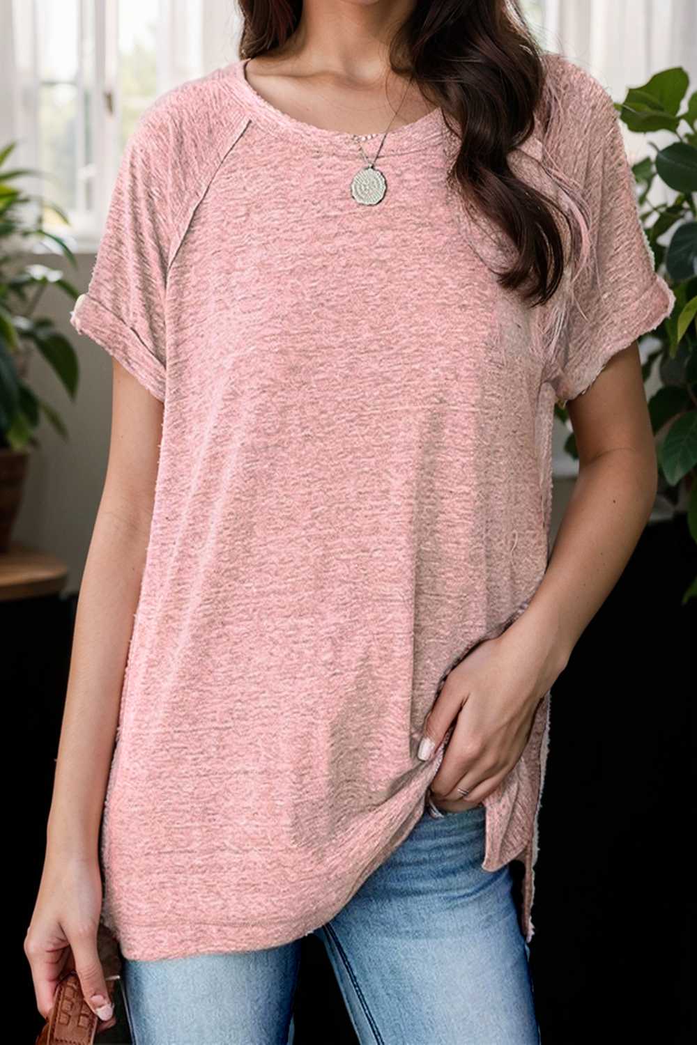 round neck solid loose short sleeve t shirt 101483