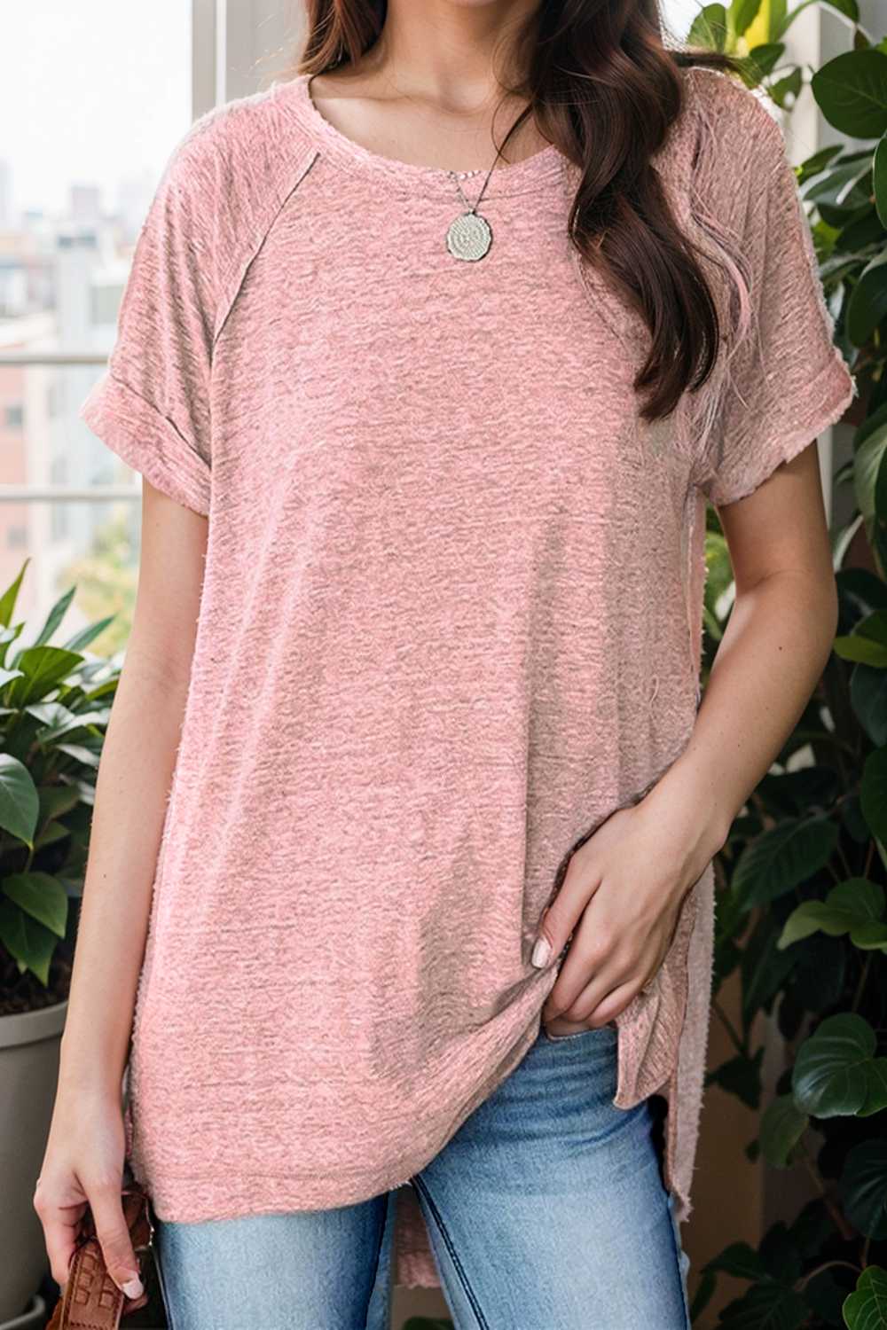 round neck solid loose short sleeve t shirt 101482