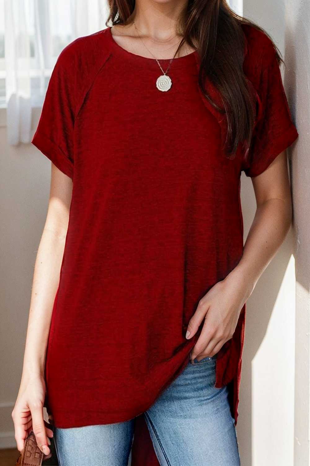 round neck solid loose short sleeve t shirt 101478