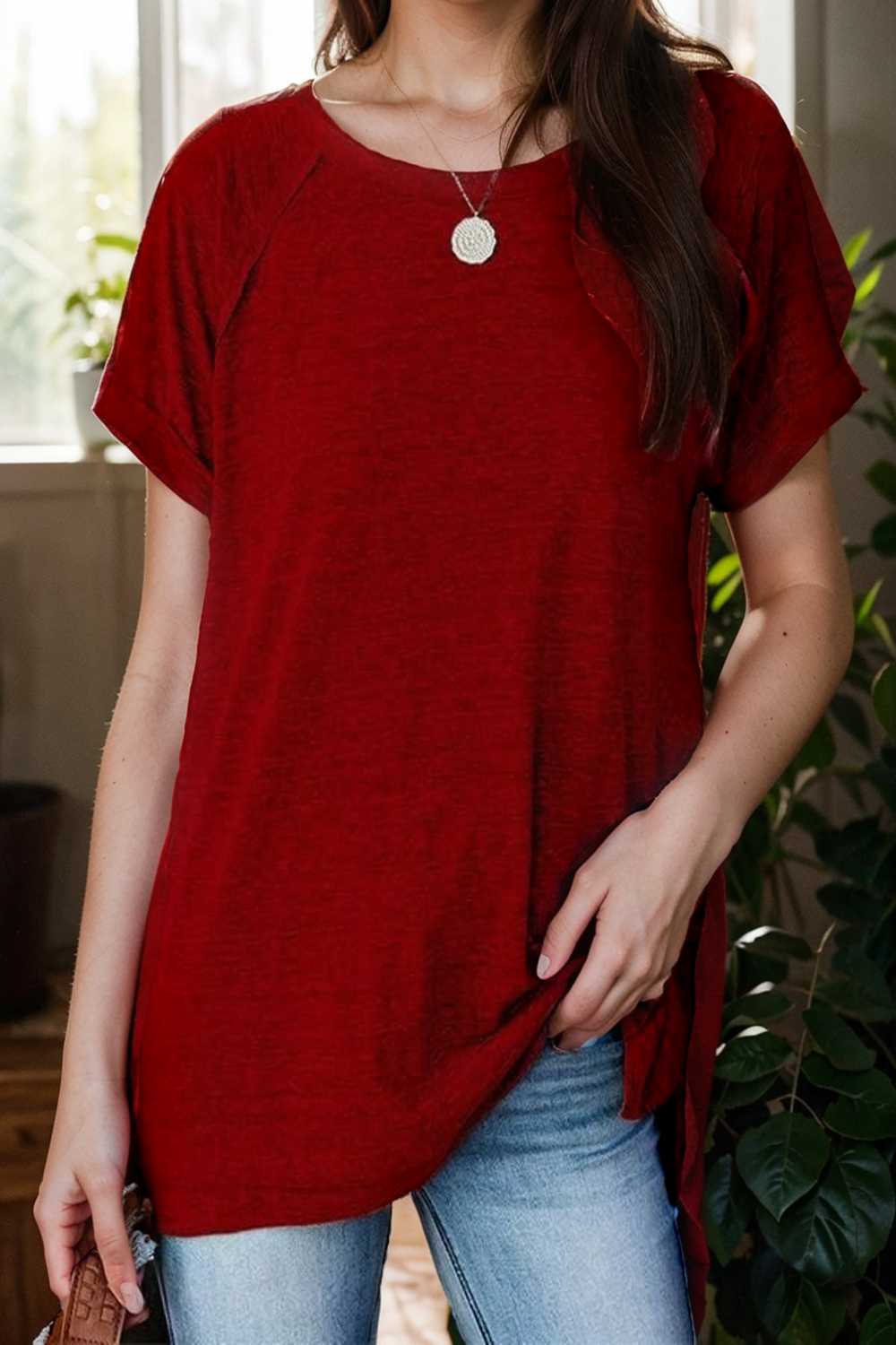 round neck solid loose short sleeve t shirt 101477