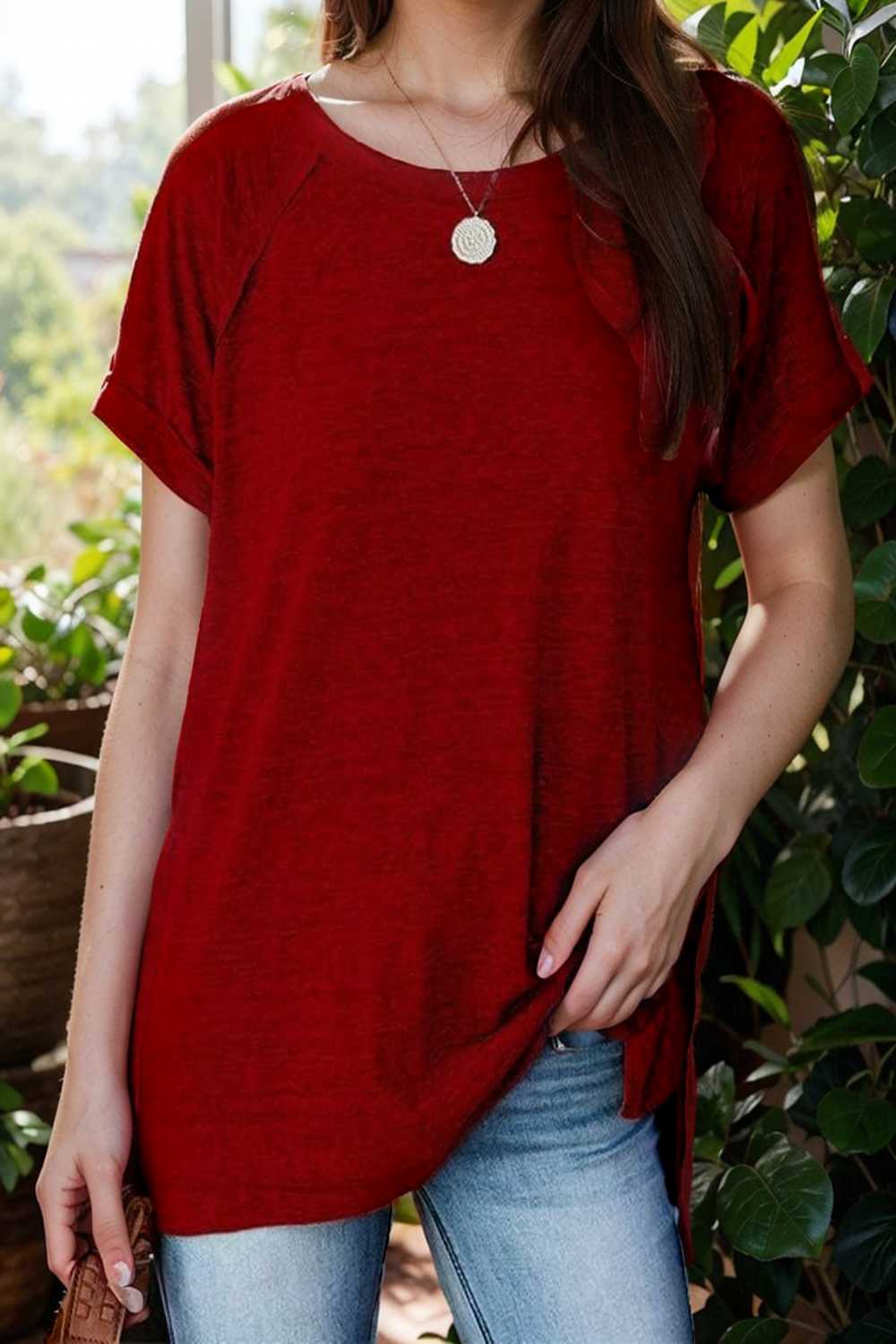 round neck solid loose short sleeve t shirt 101476