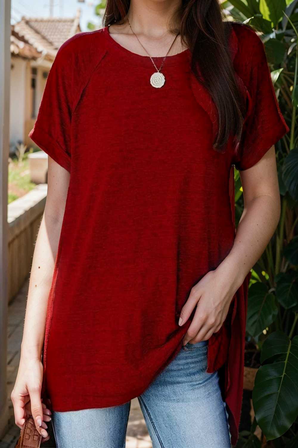 round neck solid loose short sleeve t shirt 101474