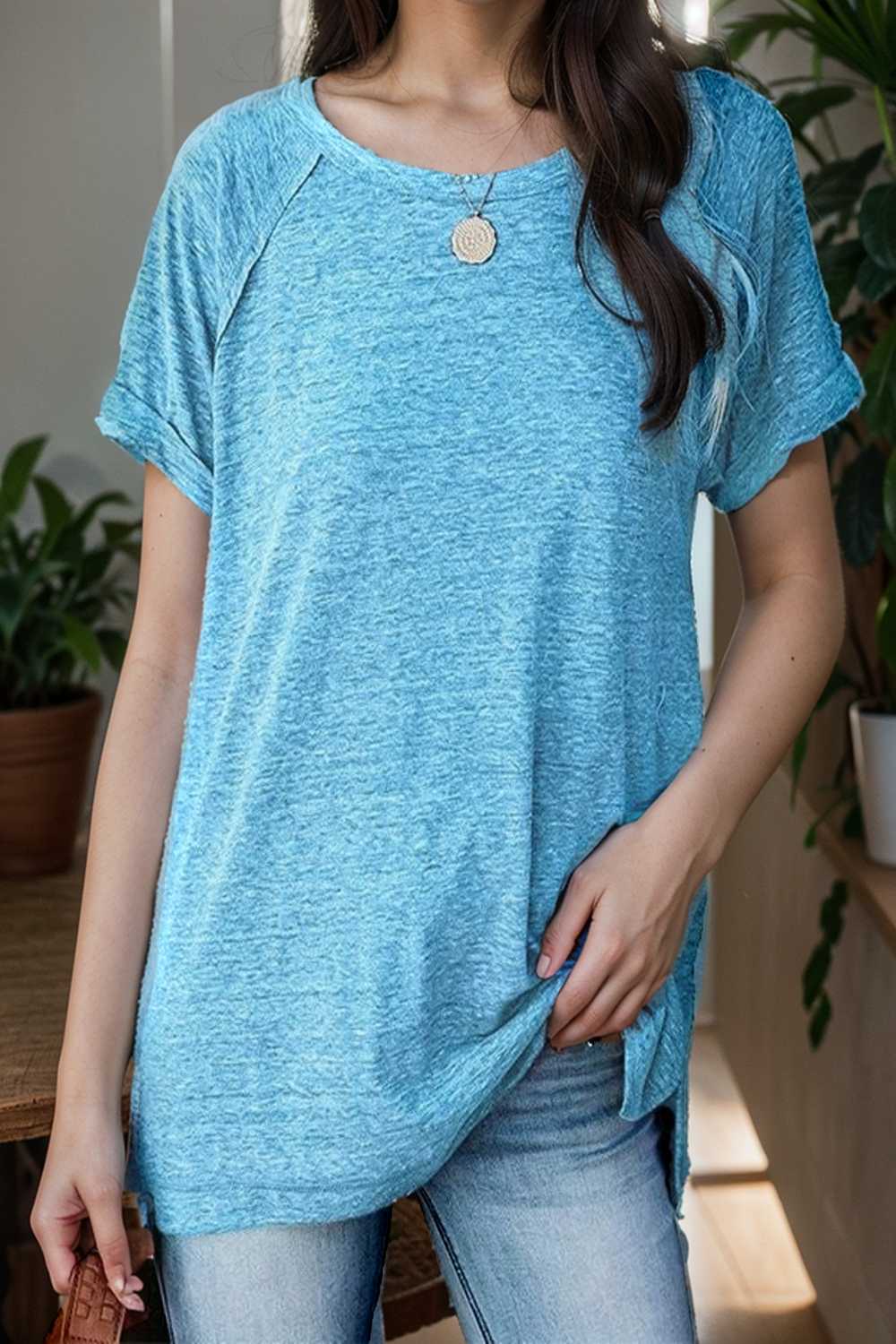 round neck solid loose short sleeve t shirt 101458