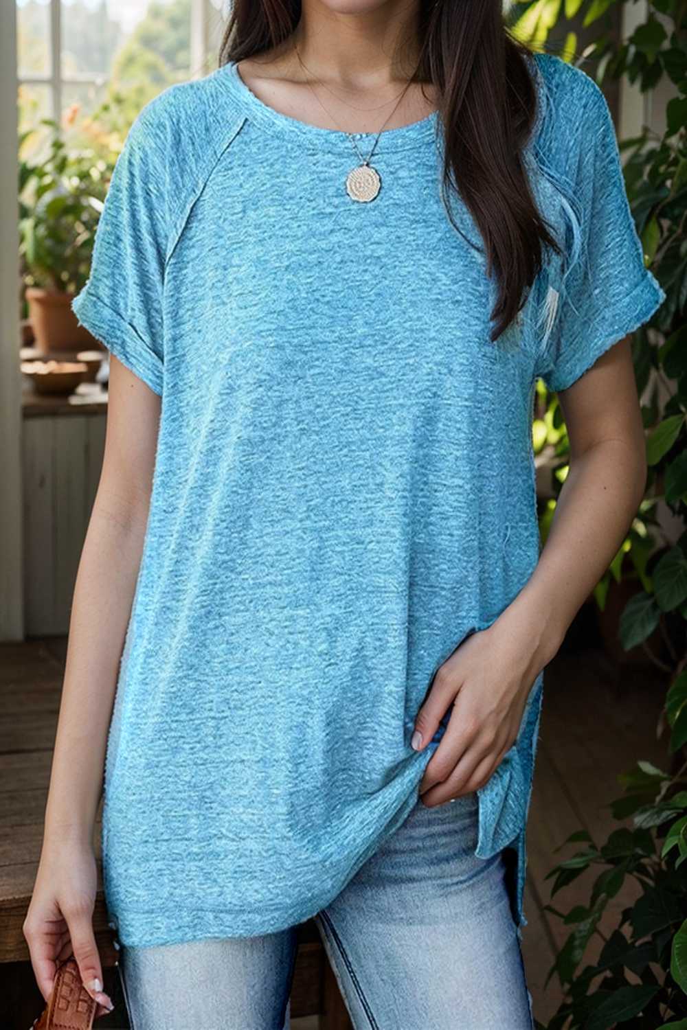 round neck solid loose short sleeve t shirt 101457