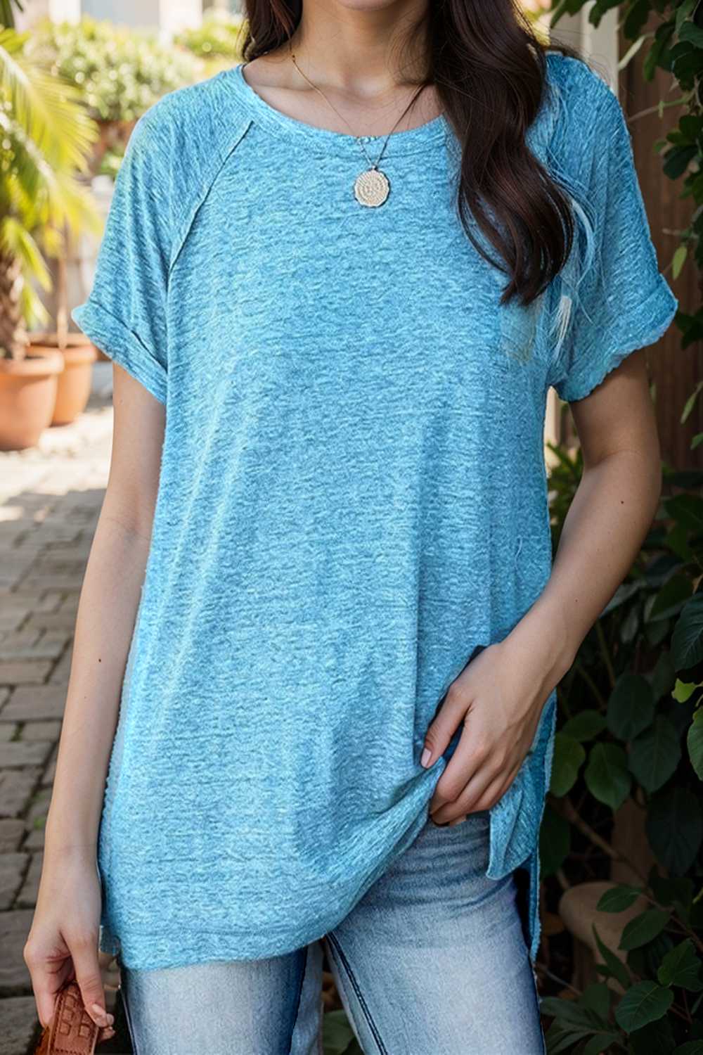 round neck solid loose short sleeve t shirt 101456