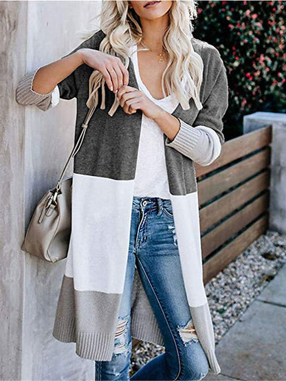 Stylish Women's Cotton Cardigan Sweater with Color Block Patchwork