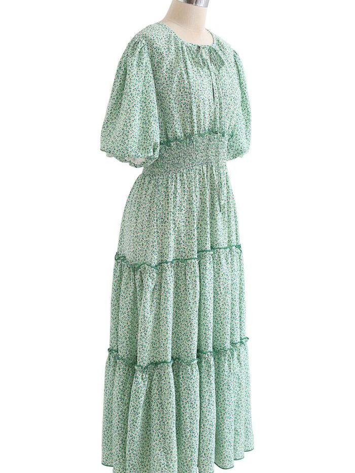 Ruffle Detail Ditsy Floral Shirred Dress In Green - LuckyFash™