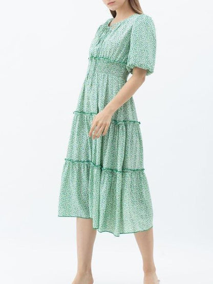 Ruffle Detail Ditsy Floral Shirred Dress In Green - LuckyFash™