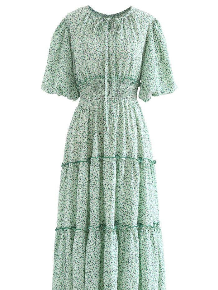 Ruffle Detail Ditsy Floral Shirred Dress In Green - LuckyFash™