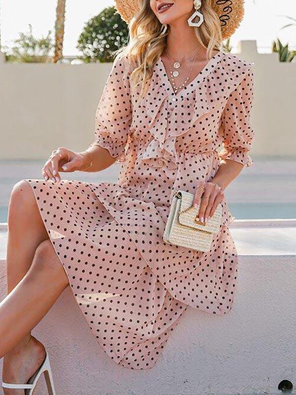 Ruffle Trim Puff Sleeve Layered Hem Polka Dot Dress - LuckyFash™