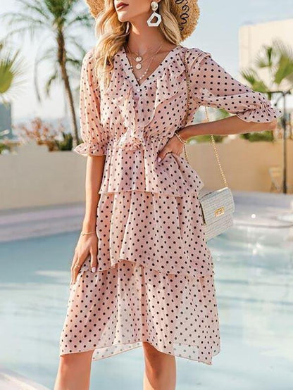 Ruffle Trim Puff Sleeve Layered Hem Polka Dot Dress - LuckyFash™