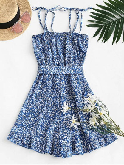 Ruffled Hem Tie Shoulder Ditsy Floral Romper - LuckyFash™