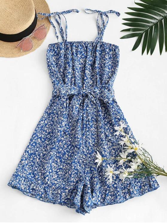 Ruffled Hem Tie Shoulder Ditsy Floral Romper - LuckyFash™