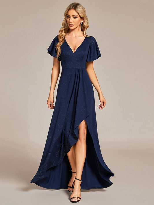 Ruffled Sleeve Tea Length Evening Dress with Side Split