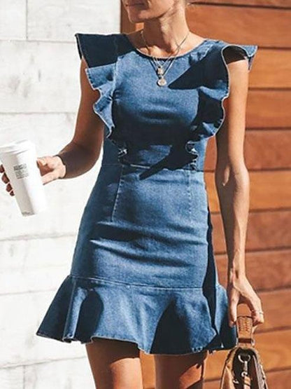 Ruffled Slim Stretch Denim Dress - LuckyFash™