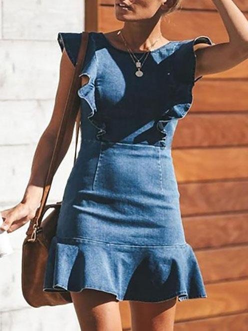 Ruffled Slim Stretch Denim Dress - LuckyFash™