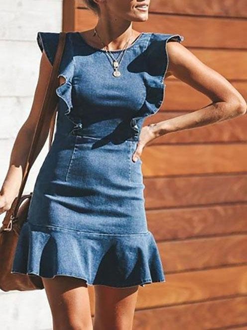 Ruffled Slim Stretch Denim Dress for Women