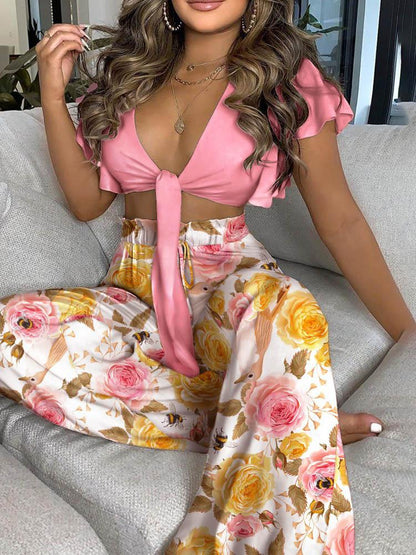 Ruffles Plain Tie Front Top & Floral Print Pants Set for Women