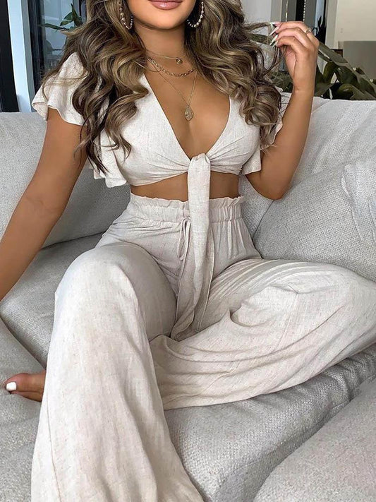 Ruffles Sleeve Knotted Top & High Waist Pants Set for Women