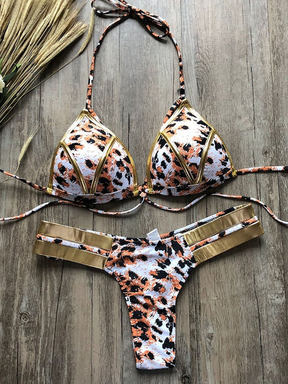 Women's Swimwear Bikini 2 Piece Normal Swimsuit Open Back Cut Out Sexy Leopard Color Block Leopard Print Black Pink Wine Dusty Rose Camisole Strap Bathing Suits New Vacation Sexy