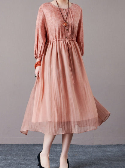 Romantic Blush Pink Floral Midi Dress with Drawstring Waist