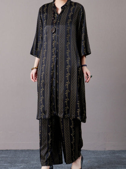 Elegant Black and Gold Embroidered Long Shirt with Wide-Leg Pants Set