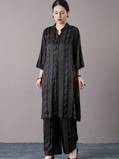 Elegant Black and Gold Embroidered Long Shirt with Wide-Leg Pants Set