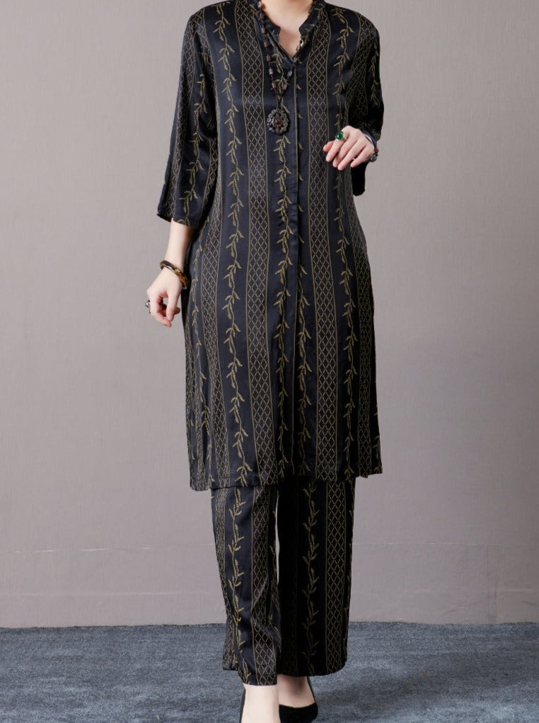 Elegant Black and Gold Embroidered Long Shirt with Wide-Leg Pants Set