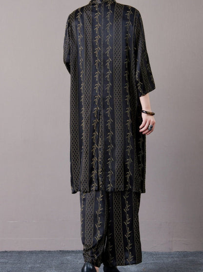 Elegant Black and Gold Embroidered Long Shirt with Wide-Leg Pants Set