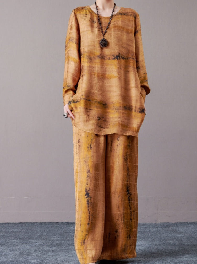 Artistic Earth-Tone Long Shirt and Wide-Leg Pants Set