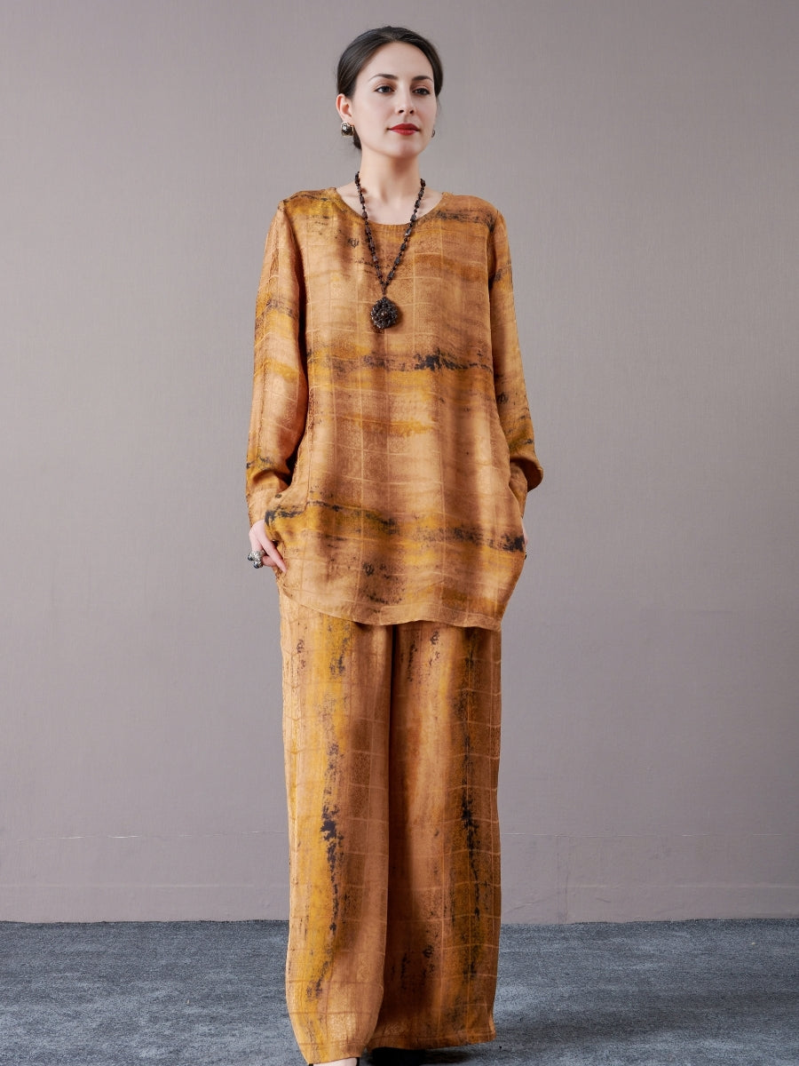 Artistic Earth-Tone Long Shirt and Wide-Leg Pants Set