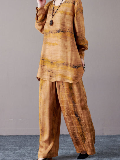 Artistic Earth-Tone Long Shirt and Wide-Leg Pants Set