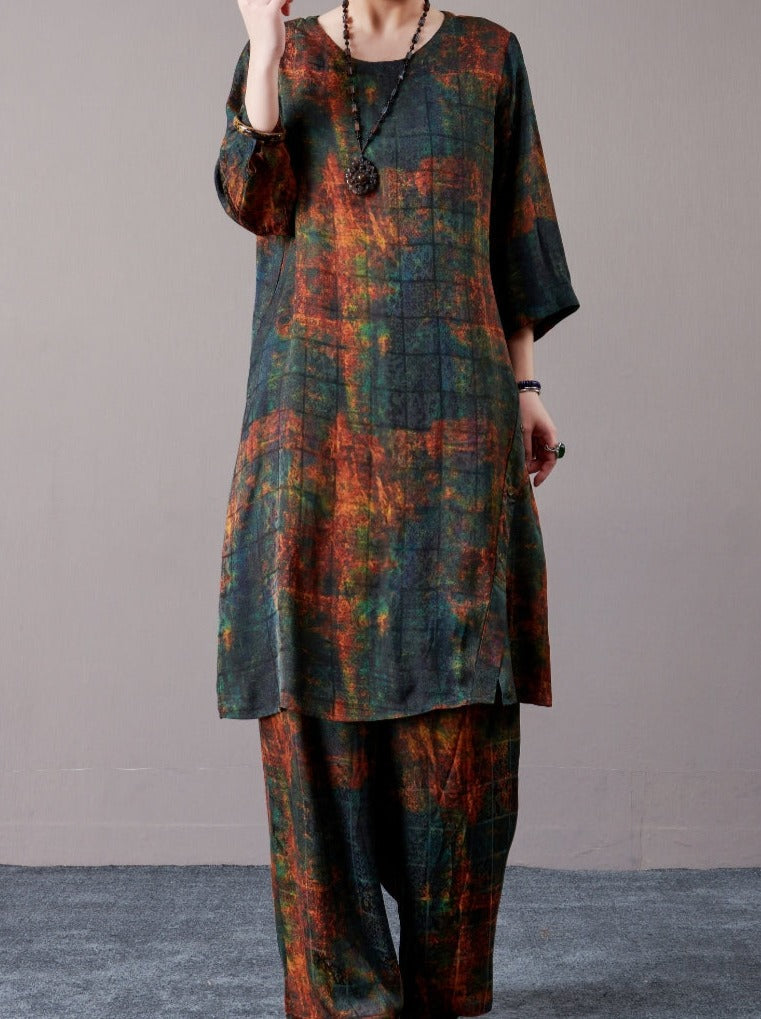 Bohemian Artistic Print Long Shirt and Pants Set