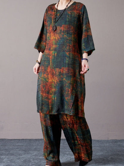 Bohemian Artistic Print Long Shirt and Pants Set