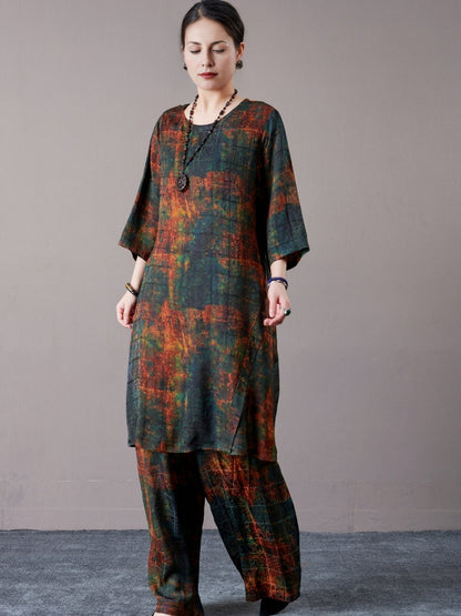 Bohemian Artistic Print Long Shirt and Pants Set