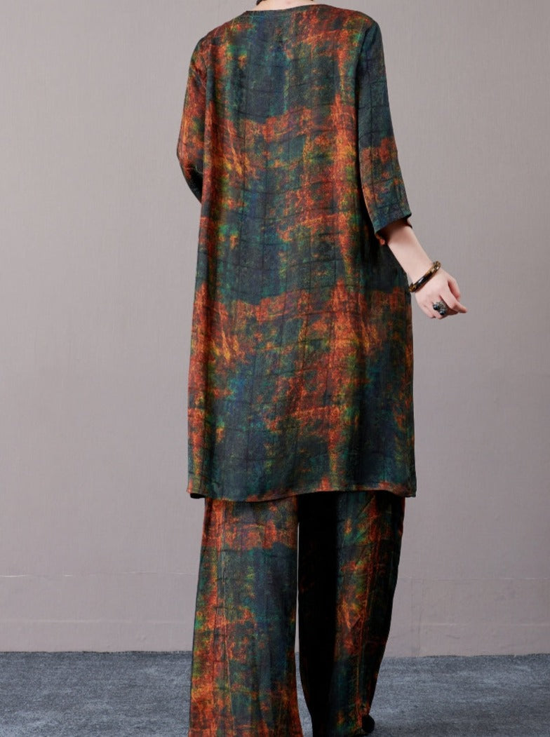 Bohemian Artistic Print Long Shirt and Pants Set