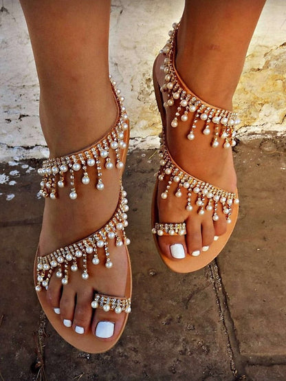 Women's Sandals Boho Bohemia Beach Plus Size Wedding Party Outdoor Summer Imitation Pearl Flat Heel Open Toe Cute Elegant Casual Faux Leather Loafer Brown - LuckyFash™