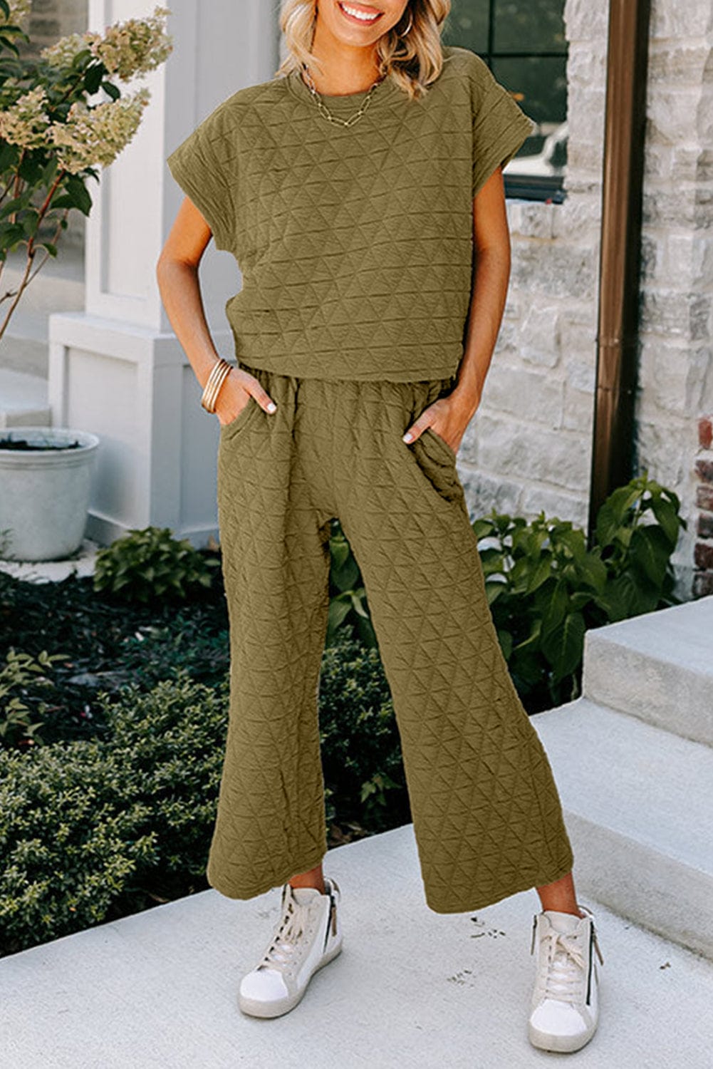 Sage Green Casual Quilted Wide Leg Pants Set for Fashionable Women