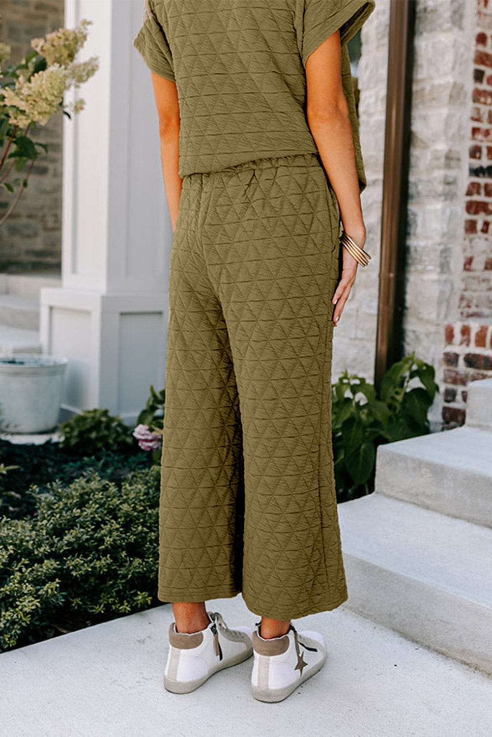 Sage Green Casual Quilted Wide Leg Pants Set for Fashionable Women