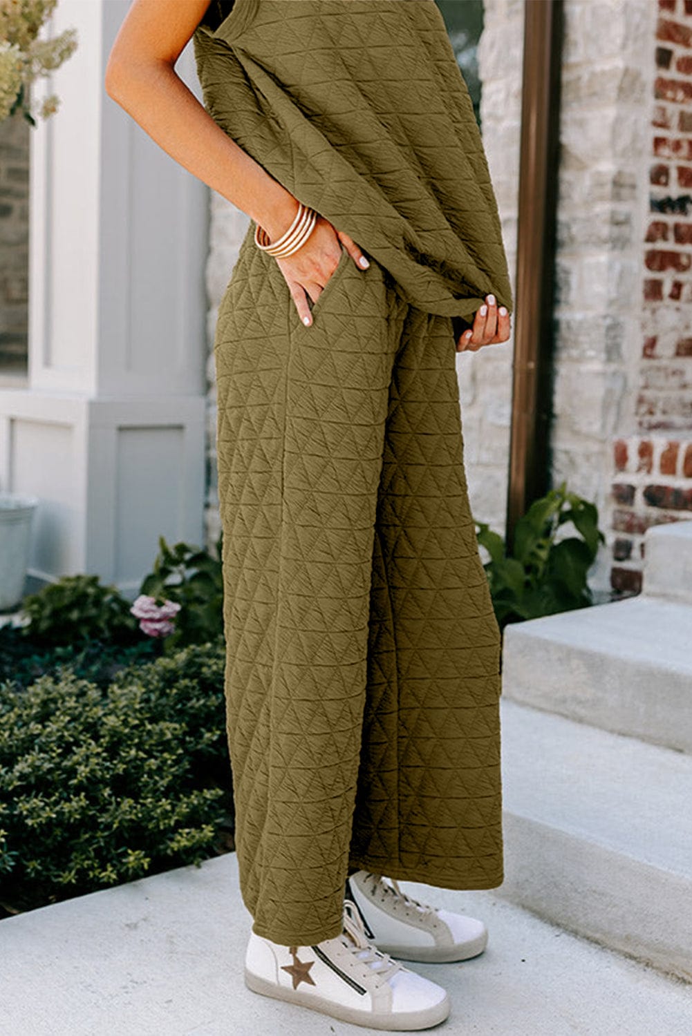 Sage Green Casual Quilted Wide Leg Pants Set for Fashionable Women