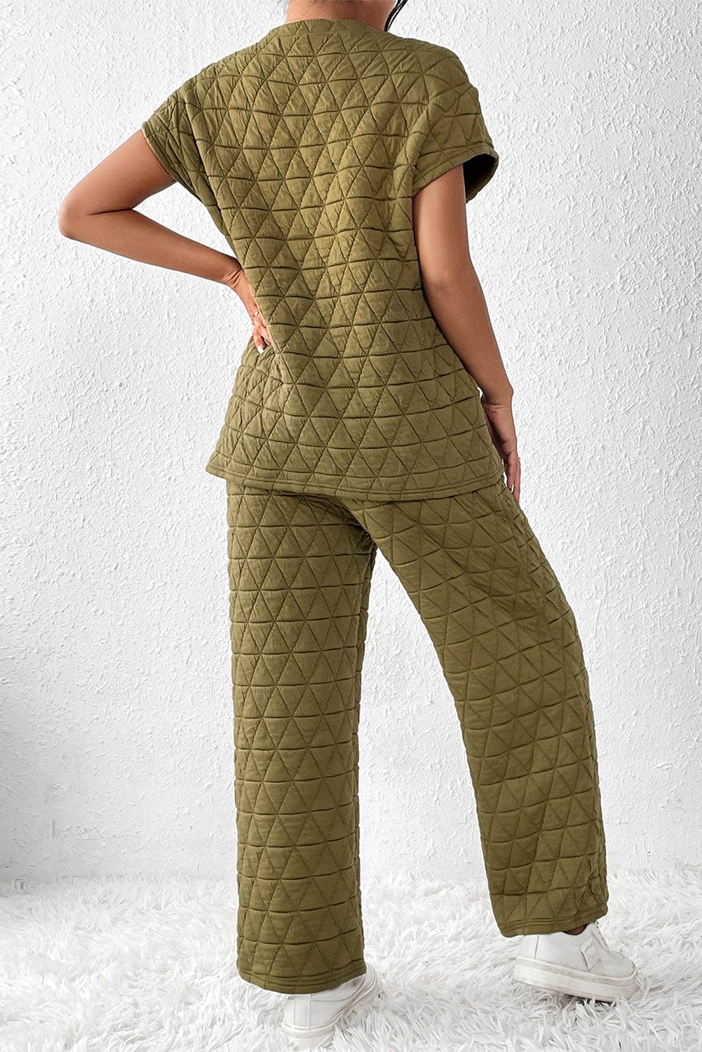 Sage Green Casual Quilted Wide Leg Pants Set for Fashionable Women