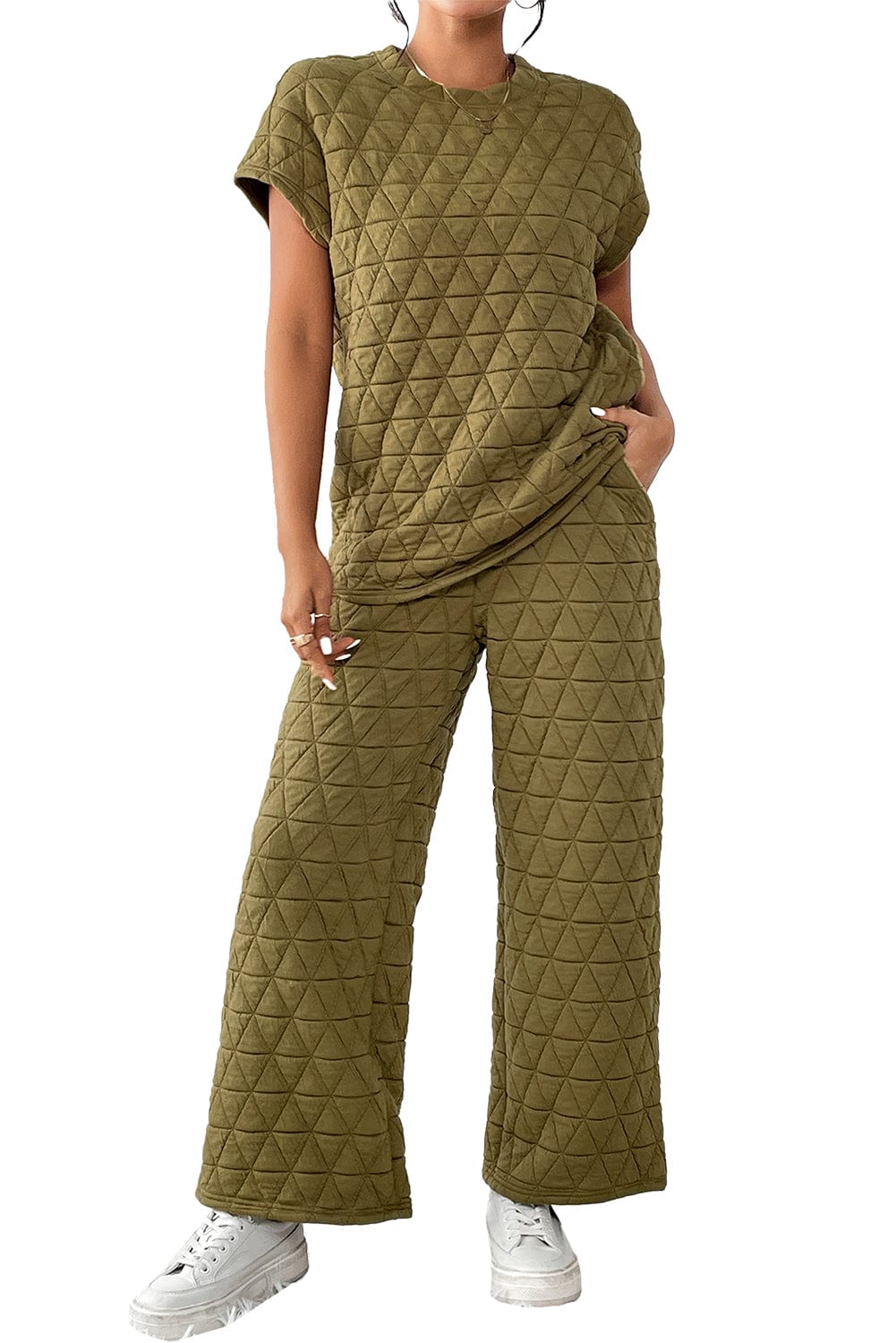 Sage Green Casual Quilted Wide Leg Pants Set for Fashionable Women